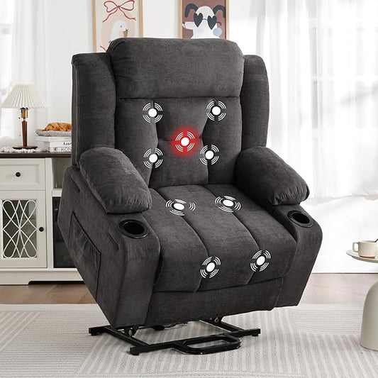 Dual Motor Power Lift Recliner for Elderly, Large Electric Lift Recliner with Massage and Heat, Cup Holders, Side Pocket, Fabric(Dark Grey)