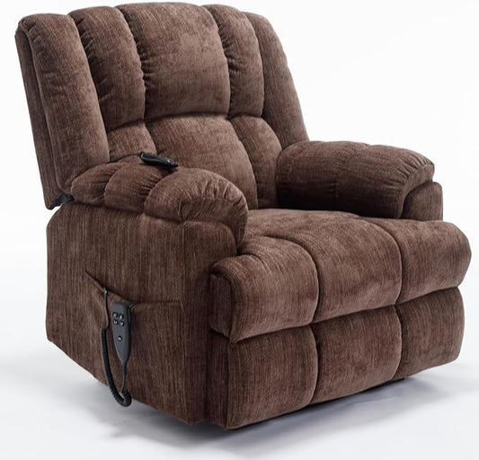 Power Lift Recliner Chair for Elderly, Oversized Chenille Electric Recliners Chairs for Living Room, Dual Motor 180° Lay Flat Recliner Big Sofa with Massage and Heating, Heavy-Duty, Brown