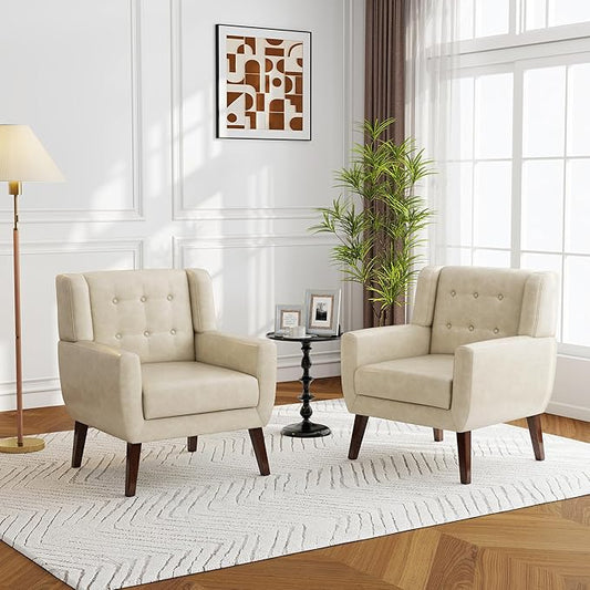 Lumibee Accent Chairs Set of 2, Modern Faux Leather Armchairs for Living Room, Comfy Upholstered Arm Chairs Tufted for Indoor Bedroom Office Room (P Cream)