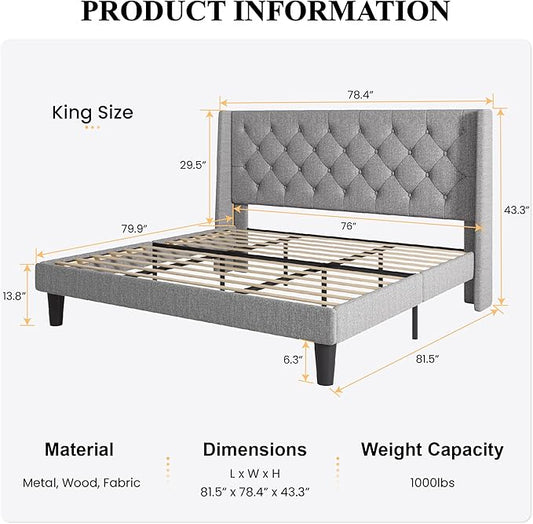 SHA CERLIN King Size Upholstered Platform Bed Frame with Wingback Headboard, Tufted Linen Fabric, Wooden Slats Support, Easy Assembly, Light Grey