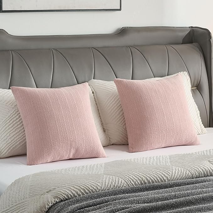 FUTEI Pink Chenille Throw Pillow Covers 18x18 Inch Set of 2,Soft Striped & Diamond Textured Cushion Cases,Modern Home Decor for Couch Living Room