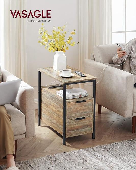 VASAGLE Side End Table with Charging Station, Slim Nightstand with 2 Drawers, Narrow Bedside Table for Living Room, Small Spaces, Turquoise Brown and Ink Black ULET321B60