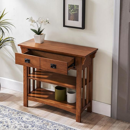 Leick Home Mission Impeccable Bookshelf, Solid Wood, 2 Drawers, 2 Shelves, Slatted Sides, Blackened Hardware, Easy Assembly, Russet Brown, 12 in D x 34 in W x 30 in H, Item 8261