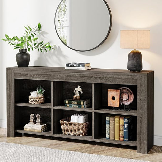 Tribesigns 63-Inch Long Sofa Console Table, Rustic Wood Entryway Table with 6 Storage Cubes for Living Room, Hallway, Behind Couch (Grey)