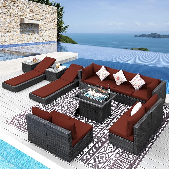 NICESOUL 13 Piece Outdoor Furniture with Fire Pit, Luxurious Wicker Patio Conversation Sets with Lounger, Sturdy 500 Lbs Heavy Duty 10-Person Deep Wide Outdoor Couch Set for Deck, Lawn, Grey&Burgundy