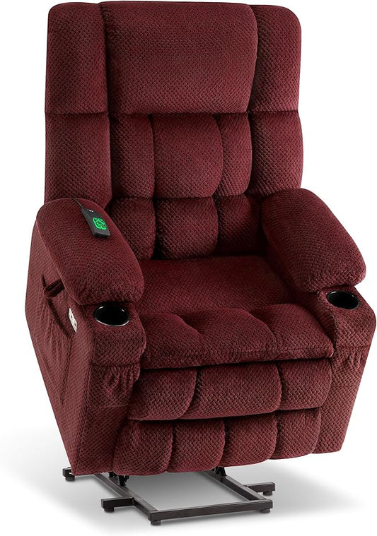 MCombo Dual Motor Large Power Lift Recliner Chair for Elderly, Lay Flat Lift Chair with Heat and Massage, Big Lift Recliner for Tall People, Cup Holders, Fabric 7896 (Large, Burgundy)
