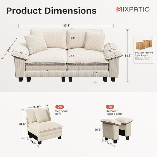 87" Cloud Modular Sectional Loveseat, 2-Seater w/Deep Seat & Removable Arms, Plush Corduroy for Small Living Room & Apartment - Beige