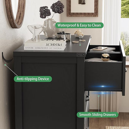 Dresser for Bedroom with 6 Drawers, 46" Tall Wood Chest of Drawers with Deep Drawers & Mental Handle, Modern Dresser TV Stand, Wooden Closet Storage Organizer for Living Room, Hallway, Entryway, Black