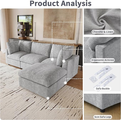 Cloud Couch Modular Sectional Sofa,134" L Shaped Couch, Oversized Convertible Wide Seater,4 Seater with Ottoman for Living Room Set, Covers Washable&Replaceable,Gray