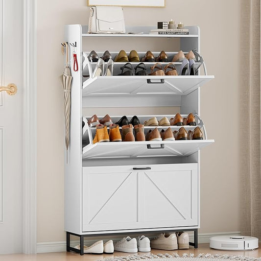 Shoe Cabinet Storage for Entryway, Shoe Storage Cabinet with 3 Flip Drawers, Freestanding Narrow Shoe Rack Organizer with Metal Legs & Side Hook for Foyer, Hallway, White
