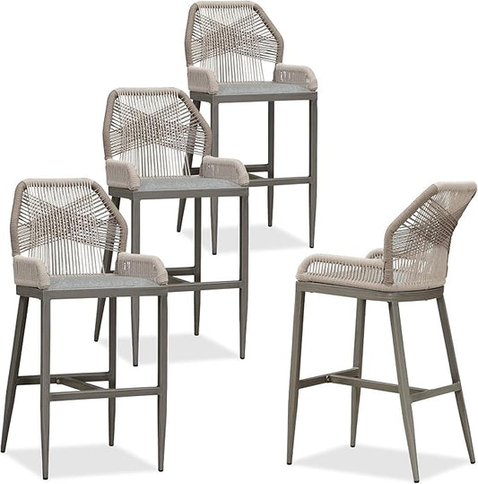 PURPLE LEAF 4 Pieces Bar Stools Patio Modern Rattan Barstools Aluminum Woven Tall Bar Chairs with Cushions for Outdoor Kitchen Island Garden