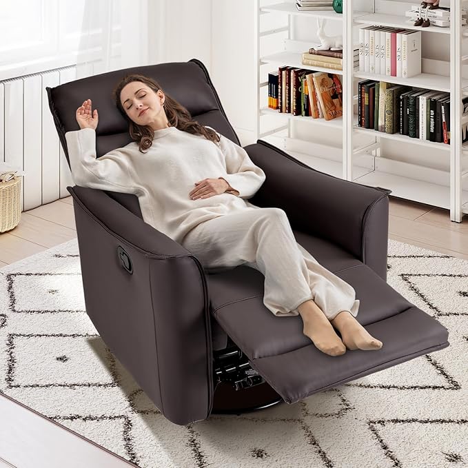 CANMOV Swivel Rocker Recliner, Glider Rocking Chair, Nursing Chairs Swivel Glider Recliners with Soft Backrest, Leathaire Manual Reclining Sofa for Living Room Bedroom Apartment, Dark Brown