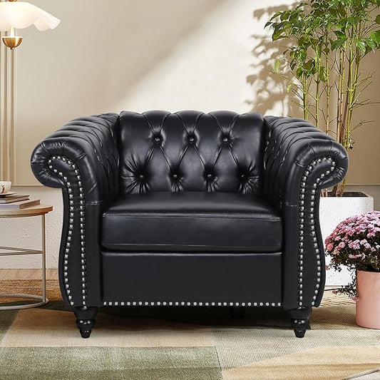 Accent Sofa Chair for Living Room, Modern PU Leather Upholstered Armchair, Oversized Comfy Single Sofa Chair with Cushion, Mid Century Tufted Chesterfield Sofa Couch for Bedroom, Apartment (Black)