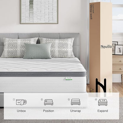 Novilla Queen Mattress 14 Inch, Hybrid Mattress Queen in a Box,Foam Innerspring Mattresses for Body Supportive & Pressure Relief, Comfort Pillow Top for Medium Firm Feel