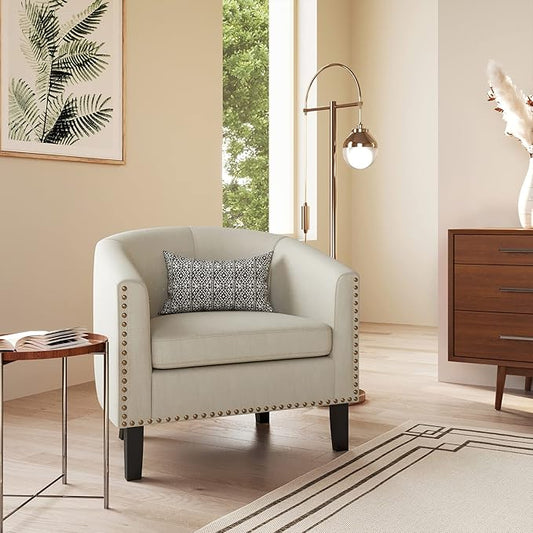 BELLEZE Accent Barrel Chair Set of 2, Modern Tub Club Chair Upholstered Armchair with Gold Nail Head Trim and Black Legs for Living Room Bedroom Apartment Lounge - Beige/Linen