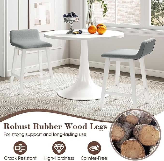 COSTWAY Wooden Counter Stools Set of 2, 24-inch Height Upholstered Padded Seat, Low Backrest, Footrest, Rubber Wood Legs, Armless Barstools for Kitchen Island, Dining Room, White+Gray
