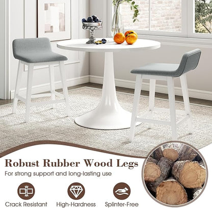 COSTWAY Wooden Counter Stools Set of 2, 24-inch Height Upholstered Padded Seat, Low Backrest, Footrest, Rubber Wood Legs, Armless Barstools for Kitchen Island, Dining Room, White+Gray