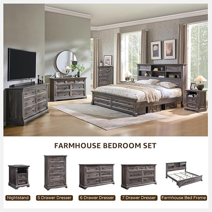 T4TREAM Farmhouse 7 Drawers Dresser for Bedroom, 54" Wide Wood Rustic Chest of Drawers w/Roman Column, Wooden Storage Dressers Organizer for Bedroom, Living Room, Closet, Dark Rustic Oak