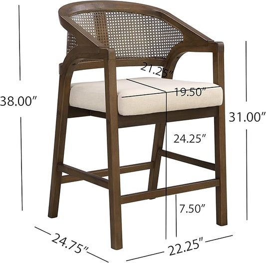 Christopher Knight Home Set of 2 Morley Tropical Wooden Counter Stool,Dining Room/Kitchen Island Barstool with footrest, Curved Backrest,Wicker/Cane Accents,Soft Removable Cushions, Beige+Walnut
