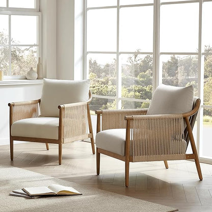 CHITA Braid Accent Chair, Modern Armchair with Solid Wooden Armrest for Living Room and Bedroom, Boho Reading Chair, Cream
