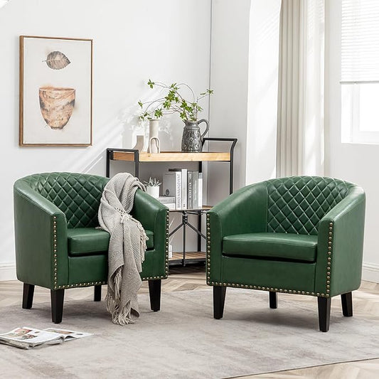KINWELL 29" W Faux Leather Barrel Chairs Set of 2, Modern PU Upholstered Tufted Club Chairs with Nailhead Trim, Small Armchairs Accent Chairs for Living Room Bedroom Apartment Lounge Nursery, Green