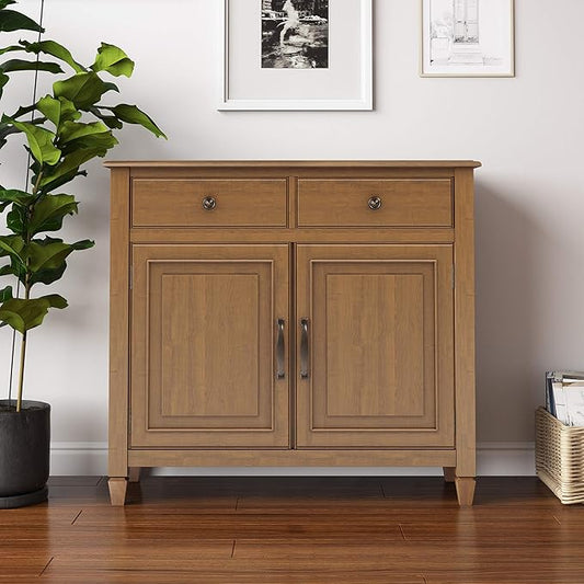 SIMPLIHOME Connaught 40-inch Wide Solid Wood Storage Cabinet in Light Golden Brown for Entryway, Living Room , Organizer for Hats, Gloves, Shoes, Keys, Slim Design, Traditional Style