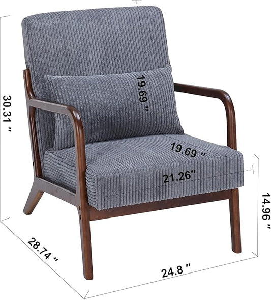 Accent Chairs, Mid-Century Modern Chair with Pillow, Armchair with Solid Wood, Reading Relaxing Leisure Chair for Living Room（Dark Grey/Walnut）