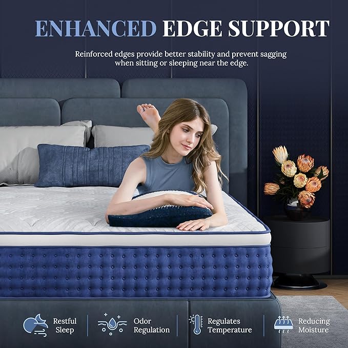King Size Mattress, 10 Inch Hybrid Mattress King Size, Medium Feel Foam and Individual Pocket Springs, Extra Edge Support, Pressure Relief, CertiPUR-US, Blue