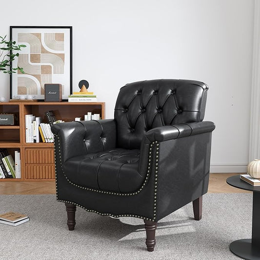 UIXE Faux Leather Accent Chair for Living Room, Tufted Arm Chair Retro Upholstered Club Armchair with Solid Wood Legs, Black Blue