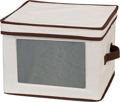 Household Essentials 536 Dinnerware Storage Box with Lid and Handles | Storage Bin for Dinner Plates | Natural Canvas with Brown Trim
