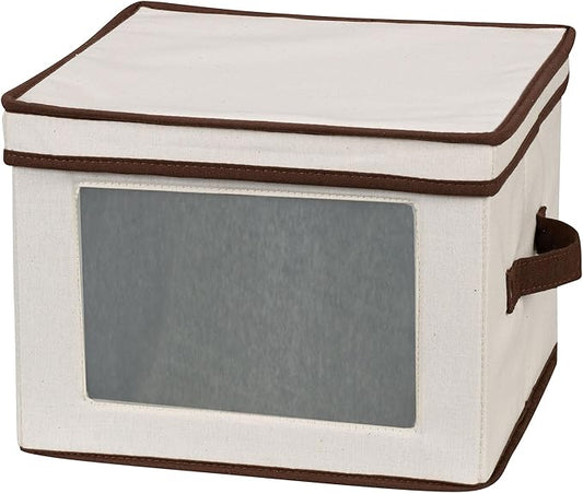Household Essentials 536 Dinnerware Storage Box with Lid and Handles | Storage Bin for Dinner Plates | Natural Canvas with Brown Trim
