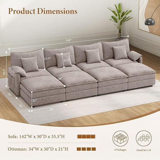 Vesgantti 142" Oversized Sectional Sofa Bed, 8-Seater Modular Sleeper Cloud Couch with Movable Ottoman, Chenille Convertible Sofa Set Deep Seat Couches for Living Room, Bedroom and Apartment, Brown