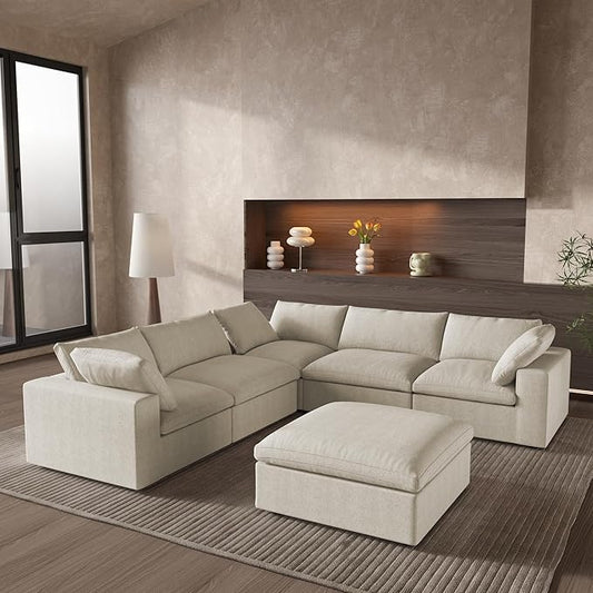 Cloud Couch Modular Sectional Sofa with Storage Ottomans,160.6" Down Filled 6 Seater Convertible Sectional Sofas,V Shaped Khaki Couch for Living Room,Covers Washable&Replaceable