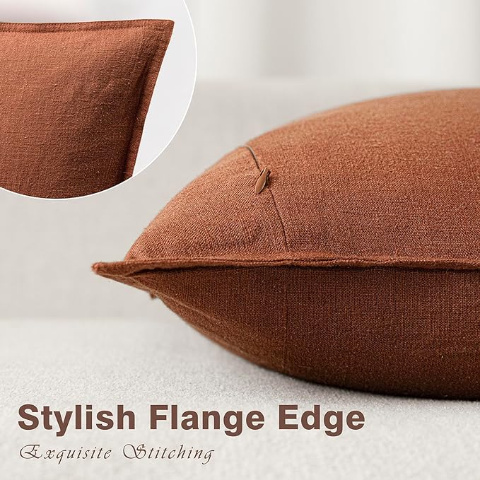 Foindtower Pack of 2, Decorative Linen Soild Throw Pillow Covers Soft Accent Cushion Case Farmhouse Neutral Pillowcase for Chair Couch Sofa Bedroom Living Room Home Decor 26 x 26 Inch Fall Rust Orange