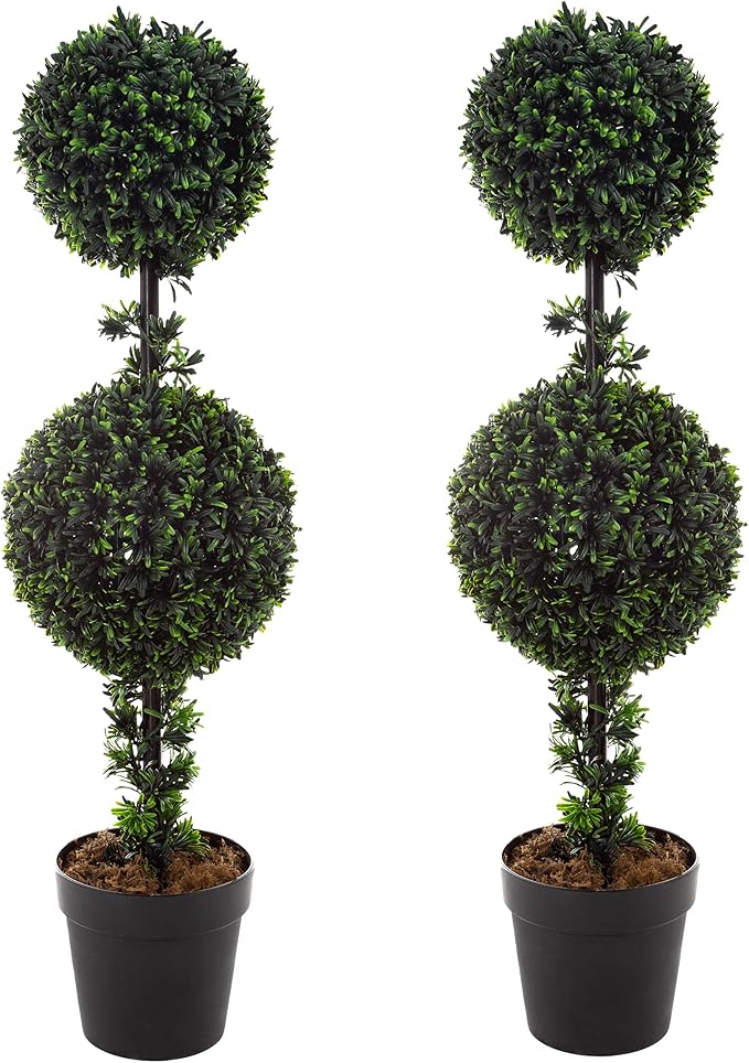 Set of 2 Topiary Trees - 36-Inch Double Ball Podocarpus Fake Plants - Realistic Indoor or Outdoor Potted Faux Plants for Home Decor by Pure Garden
