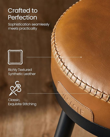 VASAGLE EKHO Collection - Bar Stools Set of 2, Swivel Counter Height Bar Stools with Back, Synthetic Leather with Stitching, Mid-Century Modern, 25.6-Inch Tall Barstools for Kitchen Bar, Caramel Brown