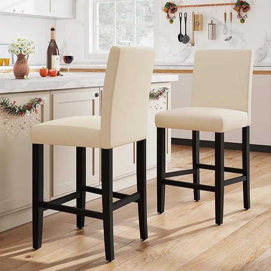 LSSPAID Bar Stools Set of 2, 24.8 Inch Upholstered Fabric Counter Height Stools, Modern Kitchen Island Wood Bar Chairs Barstools with Backrest and Solid Wood Legs, Beige