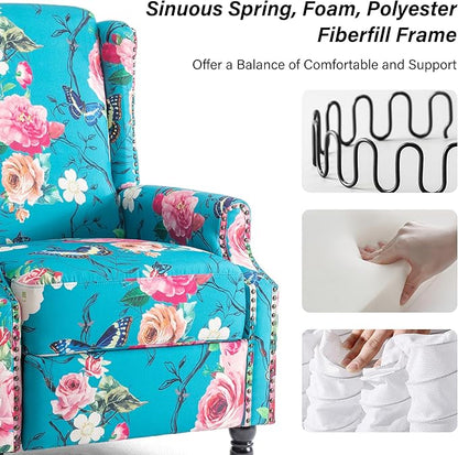 Recliner Chair, Upholstered Wingback Floral Pushback Armchair with Adjustable Backrest & Footrest, Comfy Accent Chair Reading Single Sofa for Small Spaces, Living Room, Bedroom (Peacock, Set of 2)