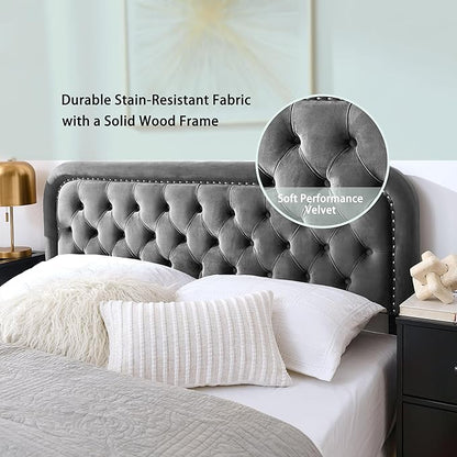 Tufted Upholstered Headboard,Button Solid Wood HeadBoards with Adjustable Height,Modern Performance Velvet Bed Head Boards,Easy Install&Nailhead (Grey, Full)