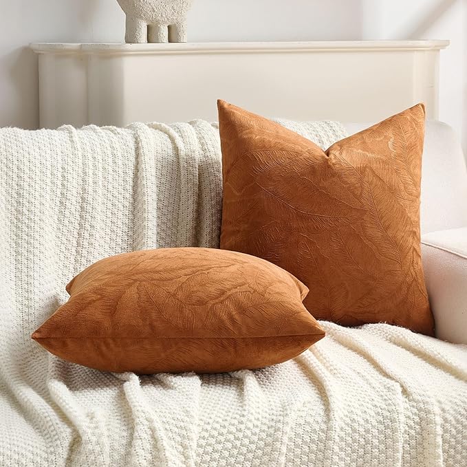 FUTEI Rust Velvet Throw Pillow Covers 24x24 Inch Set of 2,Soft Embossed Leaf-Relief Textured European Cushion Cases,Natural Home Decor for Couch Living Room