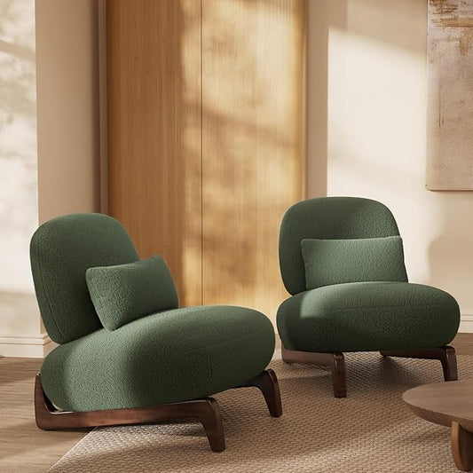 Morden Fort Modern Accent Chairs Set of 2, Sturdy Tilted Wood Legs with Thick Cushion Comfy Lumbar Pillow Armless Reading Chairs for Living Room Lounge Bedroom - Forest Green
