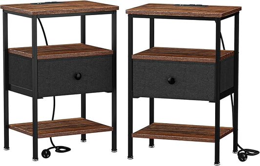 VECELO Night Stand Set 2, Nightstand with Charging Station, End Tables with Open Storage Shelf, Bed Side Tables with Fabric Drawers for Bedroom,Living Room,Rustic Brown