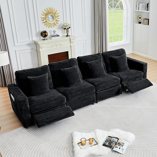ORRD Power Reclining Sectional Sofa, Electric 4 Seat Recliner with 2 Electric Footrest and Adjustable Headrest, Modern Plush Corduroy Fluffy Modular Sectional with Deep Seat for Living Room-Black