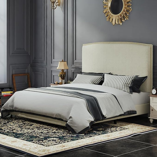 Full Size Bed Frame with Headboard, 56" Upholstered Platform Bed with Nailhead Trim, Soft Boucle Fabric, No Box Spring Needed, Easy Assembly, Cream