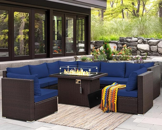 NICESOUL Large Size 9 Pcs Outdoor Patio Sectional Sofa Set with Firepit Natural Gas/Propane, 29.3'' High Back Conversation Sectional Couch Sets Deep Wide Sitting, Brown Rattan and Navy Blue Cushion