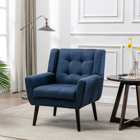 Dolonm Midcentury Modern Accent Chair with Arms, Upholstered Fabric Reading Side Chair Tufted Back Decorative Wingback Chair for Living Room Bedroom (Blue)