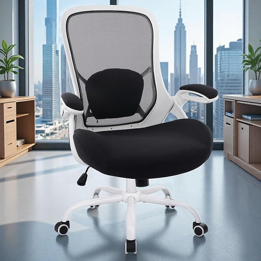 HYLONE 400lbs Heavy Duty Office Chair, 5" Thickened Seat Ergonomic Desk Chair with Adjustable Armrests, Home Office Computer Chairs for Long Hours Mesh Executive Chair(White Base&Black)