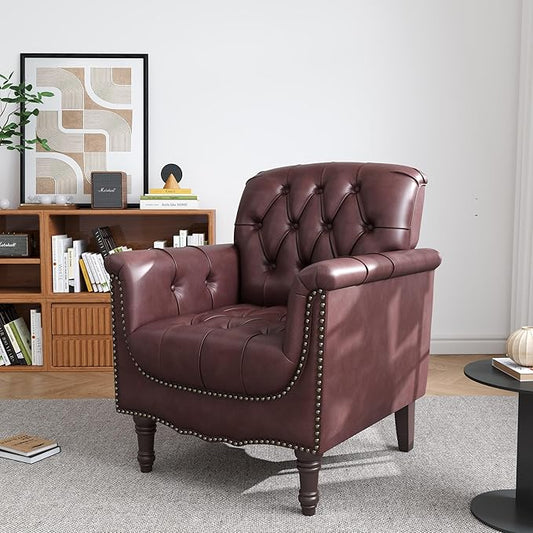 UIXE Faux Leather Accent Chair for Living Room, Tufted Arm Chair Retro Upholstered Club Armchair with Solid Wood Legs, Burgundy Red