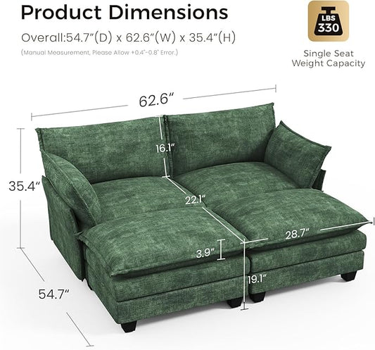 KKL Modular Sectional Sofa Bed, 4 Seater Convertible L-Shaped Sleeper Cloud Couch with Ottoman, Chenille Sectional Couches for Living Room, Apartment Green