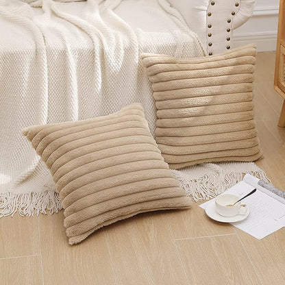 Pallene Faux Fur Plush Throw Pillow Covers 16x16 Set of 2, Luxury Soft Fluffy Striped Decorative Pillow Covers for Sofa, Couch, Living Room, Khaki